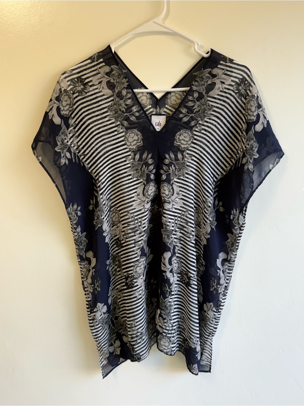 CAbi Yacht Sheer Short Sleeve Blue Floral Striped Blouse size Medium